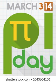 Poster for Pi Day celebration in flat style and long shadow like a notebook paper with squared pattern with pi symbol.