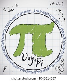 Poster for Pi Day with notebook paper with funny doodles of a pie, party, pi symbol and the date for this holiday in March 14.