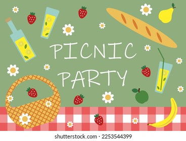 Poster Picnic party, vector. Poster Picnic party, green background, checkered tablecloth, basket and baguette, lemonade and fruits, berries and flowers.