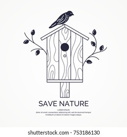 Poster with a picture of the birdhouse. Vector illustration in flat style.
