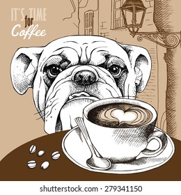 Poster with picture of a cup coffee and dog portrait on beige european landscape background. Vector illustration.