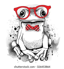 Poster with a picture of a frog wearing glasses and red tie. Vector illustration.