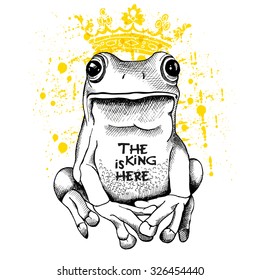 Poster with a picture of a frog wearing a yellow crown. Vector illustration.