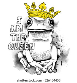 Poster with a picture of a frog wearing a yellow crown. Vector illustration.