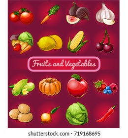 Poster with a picture of ripe and healthy vegetables and fruit isolated on red background. Organic food healthy diet and fitness menu.  Vector cartoon close-up illustration.