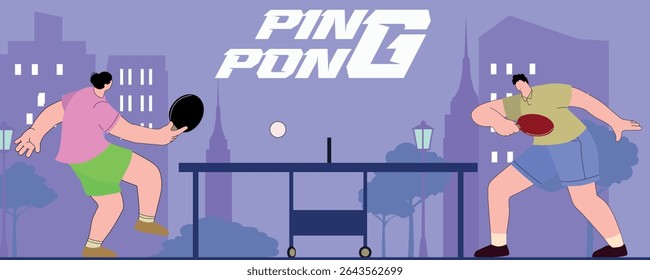 Poster ping pong tournament, two people playing small tennis in the park, outdoor sports recreation. Banner table tennis, training, competition, tennis table, city silhouette background