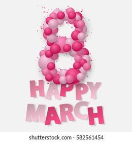 Poster with pink balls, balloons, confetti, dust shape 8 march sign with paper lettering. Greeting card template. Vector illustration for Holidays. Elements for banner, holiday, party.