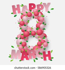 Poster with pink balls, balloons, confetti, dust and green leaf shape 8 march sign with paper lettering. Greeting card template. Vector illustration for Holidays. Elements for banner, holiday, party.