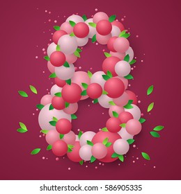 Poster with pink balls, balloons, confetti, dust and green leaf shape 8 march sign. Greeting card template. Vector illustration for Holidays. Elements for banner, holiday, party.