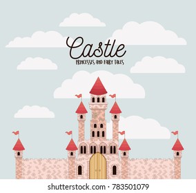 poster of pink castle princesses and fairy tales with castle and colorful sky background