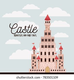 poster of pink castle princesses and fairy tales with castle and colorful sky background