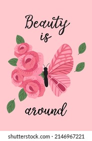 poster with pink decorative butterfly and flowers
