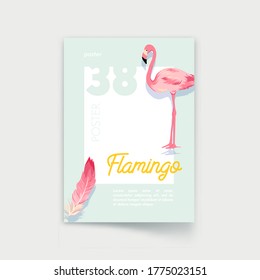 Poster with Pink Flamingo and Feather. Template for Summer Sale Banner, Tropical Vacation Background, Exotic Holidays, Romantic Party Invitation, Greeting Card, Promo Flyer Design. Vector Illustration