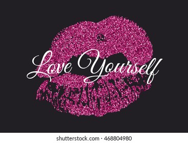 Poster with pink glitter lips mark on black background.