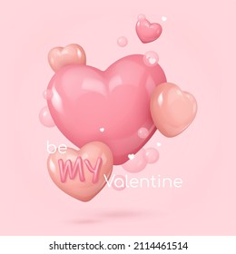 Poster With Pink Glossy Candy Heart And Bubbles. Symbol Of Love. Be My Valentine. Vector Illustration For Card, Party, Design, Flyer, Poster, Decor, Banner, Web, Advertising.