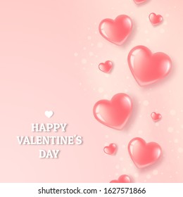 Poster with pink hearts on a pink bright background. Greeting card for Valentine's Day. In a realistic style. Vector illustration