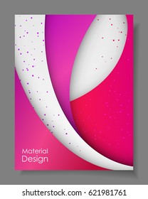Poster with pink, purple colors, dust, sparkles, glitter, white paper and space for text, material design. Vector illustration. Elements for poster, card, holiday, party.
