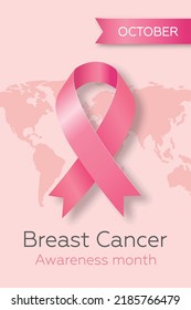 Afiche con cinta rosa para el Mes Mundial de Concienciación sobre el Cáncer de Mama en octubre. Día internacional contra el cáncer de mama. Ilustración moderna.