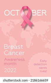 Poster with pink ribbon for World Breast Cancer Awareness Month in October. International day against breast cancer. Modern vector illustration.