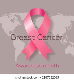 Poster with pink ribbon for World Breast Cancer Awareness Month in October. International day against breast cancer. Modern vector illustration.