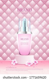 Poster pink upholstery and background with podium flower cosmetics product