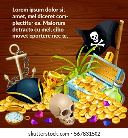 Poster pirate accessories composition with treasure, gems and skull. Elements for games. Vector illustration with space for text.