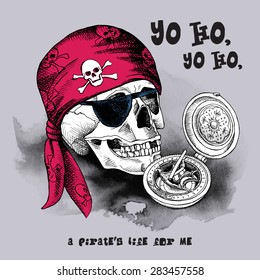 Poster of a pirate skull in red bandana and vintage compass on gray background. Vector illustration.