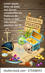 Poster pirate with treasure, gems and skull. Elements for games. Vector illustration with space for text.