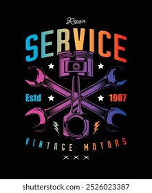 Poster with piston and wrenches. Original vector illustration in vintage style isolated on black background. T-shirt design. Hand drawn, not AI