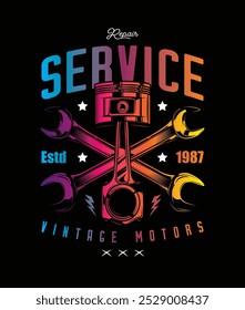 Poster with piston and wrenches. Original vector illustration in vintage style isolated on black background. T-shirt design. Hand drawn, not AI