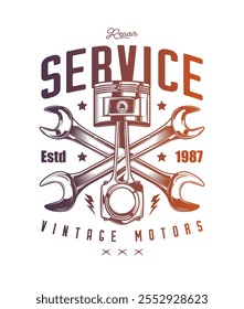 Poster with piston and wrenches. Original vector illustration in vintage style isolated on white background. T-shirt design. Hand drawn, not AI