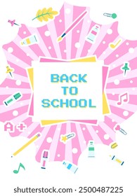 Plakat mit Pixelbeschriftung zurück zur Schule auf rosafarbenem Hintergrund mit Aufklebern von Schulbedarf darauf. Vektorvorlage eines Banners, Pfosten, Postkarte