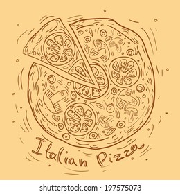 Poster with pizza and a slice of pizza with the inscription Italian pizza stylized 