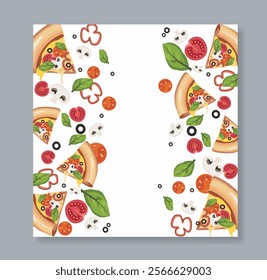 Poster with pizza. Traditional italian cuisine. Fast food and takeaway eating. Slices of pizza with mushrooms, peppers and tomatoes. Pepperoni or margherita. Flat vector illustration