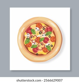 Poster with pizza. Traditional italian cuisine. Fast food and takeaway eating. Flyer or booklet for pizzeria. Pizza with mushrooms, peppers and tomatoes. Flat vector illustration