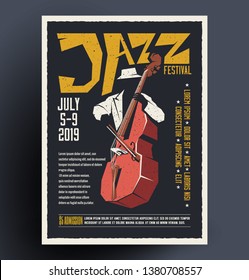 Cartel, cartel, volante, plantilla de invitación para el festival de música jazz, concierto, bajista. Dibujo vectorial en estilo caricatura dibujado a mano.