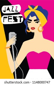 Poster, placard or flyer template for jazz music festival, concert, event with musical instruments, musicians and singers. Vector illustration in contemporary hand drawn cartoon style.