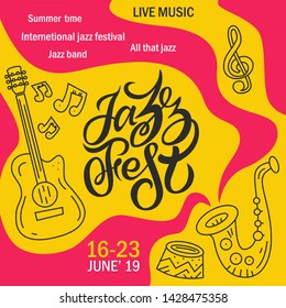 poster, placard and flyer templates for jazz music festival, concert, event with musical instruments, musicians and singers. Vector illustration in contemporary hand drawn cartoon style.