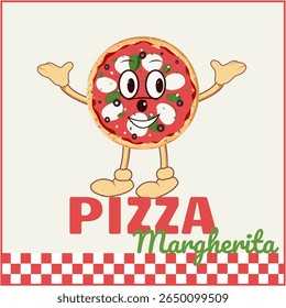cartaz, cartaz, letreiro, logotipo, personagem de pizza com rosto, Pizza Margherita, toalha de mesa, estilo groovy, desenho animado, mascote de pizza