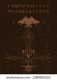 Poster, placard: Viking runes, roots and symbols - ornaments and runic circle with wolf's head