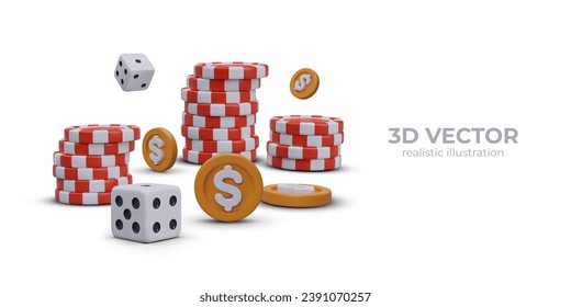 Poster with place for text, collection of round chips, game cubes, and coins. Cash prize, jackpot in web casino. Vector illustration in 3D style with white background