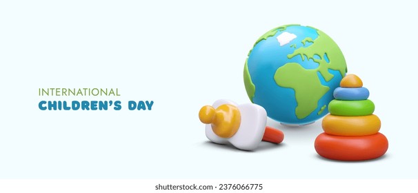 Poster with planet Earth, plastic pacifier and pyramid. International children day worldwide concept. Celebration for kids. Vector illustration with place for text