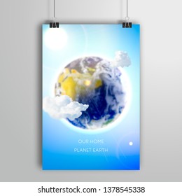 Poster with planet Earth with small clouds and the sun in the blue sky