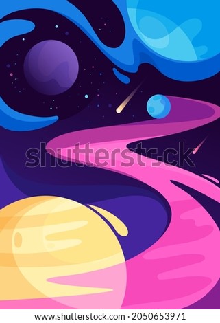 Poster with planets in space. Placard design in abstract style.