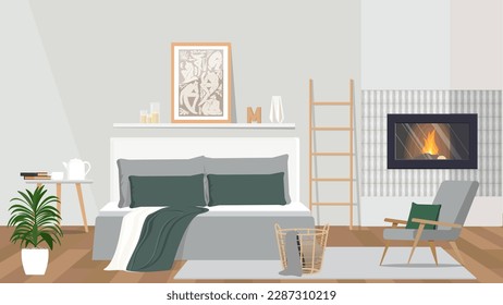 Poster and plants on a shelf above bed in green and grey bedroom interior with armchair