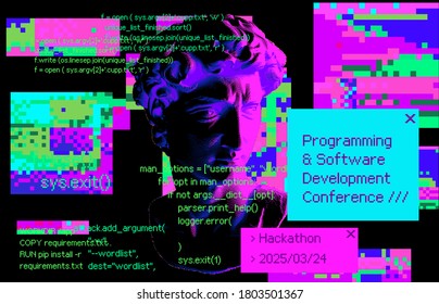 Poster with plaster 3D head and pixel artifacts. Vaporwave and retrowave style cover for Programming and Software Development Conference, Hackathon.