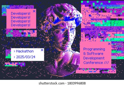 Poster with plaster 3D head and pixel artifacts. Vaporwave and retrowave style cover for Programming and Software Development Conference, Hackathon.