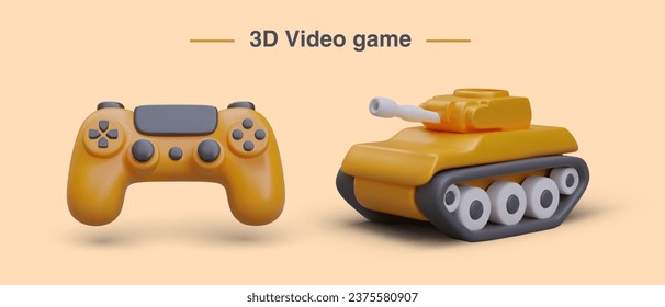 Poster mit Plastikspielkonsole und realistischem Tank. Videospiel mit Waffe für Cartoon-Armee. Militärische schwere Ausrüstung für 3D-Computerspiel. Vektorgrafik