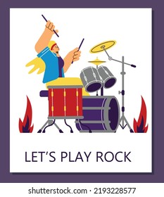 Poster with playing drummer flat style, vector illustration isolated on purple background. Let's play rock text, blonde musician with long hair sits at the set, fire