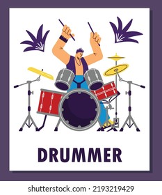 Poster with playing drummer musician flat style, vector illustration isolated on purple background. Happy man character performing show set, rhythmic musical instrument